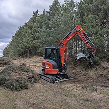 Erhaltung der Heidelandschaft Borkenberge: Stechginster-Entfernung mit dem Minibagger